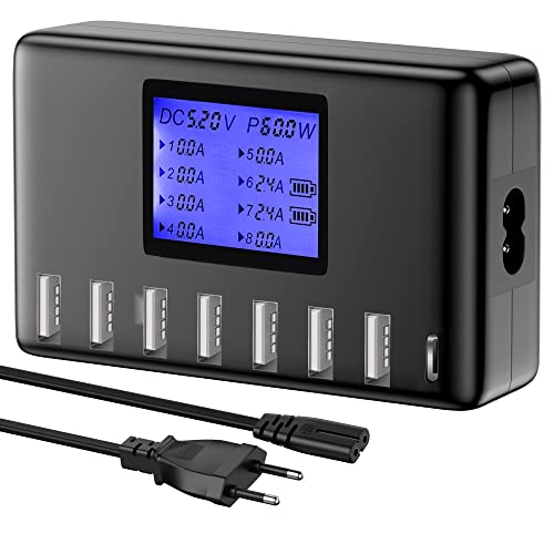 USB Ladegerät, 60W 8 Ports USB Ladestation 12A USB C mit LCD Display für mehrere Geräte, USB C Hub für iPhone iPad Android Samsung Huawei Tablet Kindle von ORIEMAC