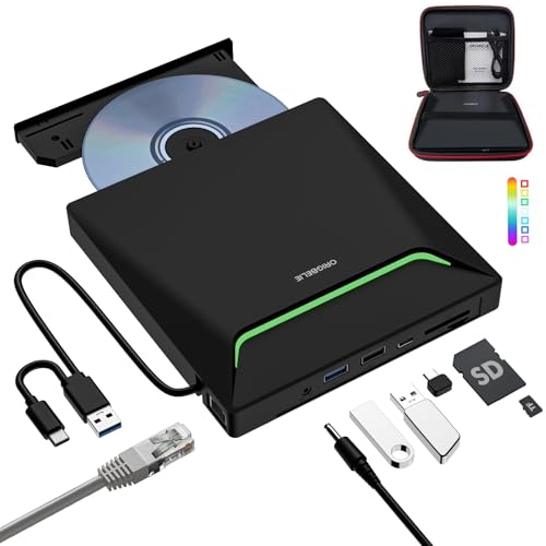 Neuestes Externes DVD Laufwerk, USB 3.0 Externer DVD Brenner mit RJ45-Ethernet-Adapter, 3 USB- und 2 TF/SD-Karten-Anschlüsse, Externes CD Laufwerk für Laptop PC Windows Linux Mac OS mit Tragetasche Neuestes Externes DVD Laufwerk, USB 3.0 Externer DVD Brenner mit RJ45-Ethernet-Adapter, 3 USB- und 2 TF/SD-Karten-Anschlüsse, Externes CD Laufwerk für Laptop PC Windows Linux Mac OS mit Tragetasche von ORIGBELIE