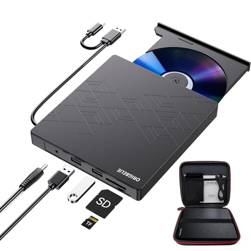 ORIGBELIE Externes CD DVD Laufwerk, USB 3.0 Typ C CD/DVD ROM +/-RW Externer DVD Brenner mit USB-Anschluss, Externes CD Laufwerk für Laptop Desktop Mac OS Win11/10/8/7/XP Linux Vista mit Tragetasche von ORIGBELIE