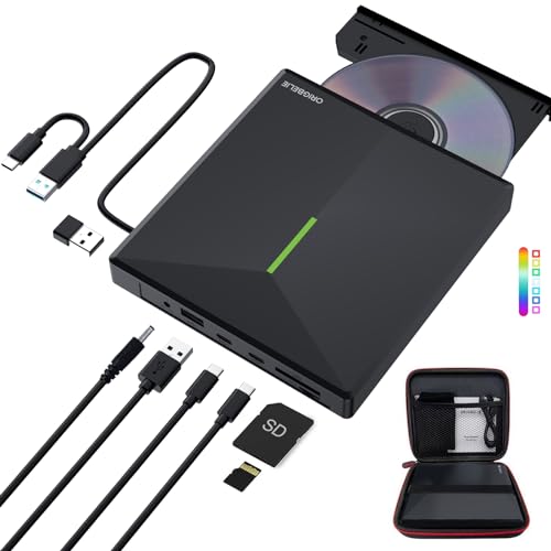 ORIGBELIE Externes CD Laufwerk mit 4 USB-Anschlüssen und 2 TF/SD-Kartensteckplätzen Tragbares USB 3.0 Externes DVD Laufwerk für Laptop MacBook Desktop PC Windows 11/10/8/7 Linux Mac OS mit Tragetasche von ORIGBELIE