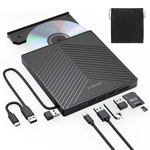 ORIGBELIE Externes DVD Laufwerk, ultraflacher CD-Brenner USB 3.0 mit 4 USB-Anschlüssen und 2 TF/SD-Kartensteckplätzen, Plug-and-Play Externes CD Laufwerk für Laptop Mac, PC Windows 11/10/8/7 Linux OS von ORIGBELIE