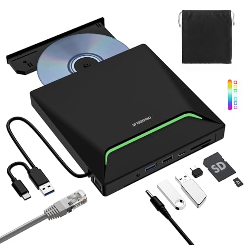 ORIGBELIE Neuestes Externes DVD Laufwerk, USB 3.0 Externer DVD Brenner mit RJ45-Ethernet-Adapter, 3 USB- und 2 TF/SD-Karten-Anschlüsse, Externes CD Laufwerk für Laptop MacBook PC Windows Linux Mac OS von ORIGBELIE