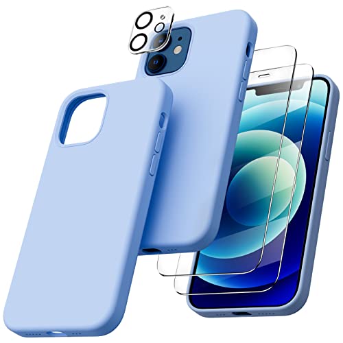 ORNARTO 5-in-1 für iPhone 12/12 Pro 6,1 Silikon Case mit 2 x Schutzfolie + 2 x Kameraschutz, Hülle Ultra Dünne Flüssig Silikon Handyhülle Schutz für iPhone 12 Pro/iPhone 12(2020) 6,1 Zoll Hellblau von ORNARTO