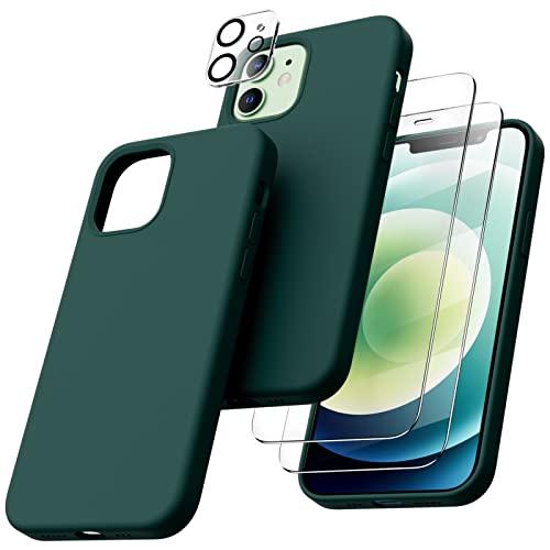 ORNARTO 5-in-1 für iPhone 12/12 Pro 6,1 Silikon Case mit 2 x Schutzfolie + 2 x Kameraschutz, Hülle Ultra Dünne Flüssig Silikon Handyhülle Schutz für iPhone 12 Pro/iPhone 12(2020) 6,1 Zoll Olivgrün von ORNARTO