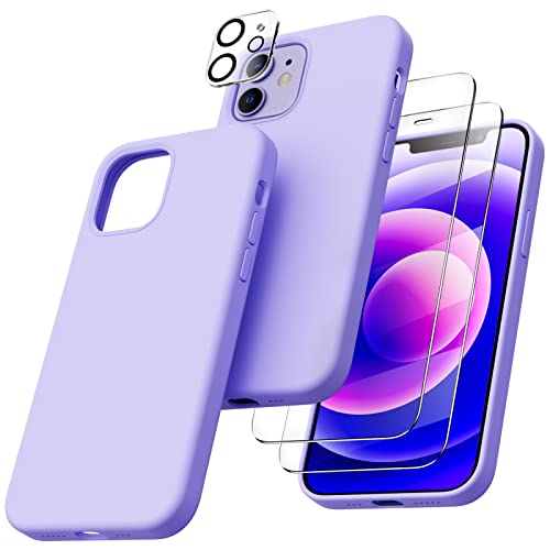 ORNARTO 5-in-1 für iPhone 12/12 Pro 6,1 Silikon Case mit 2 x Schutzfolie + 2 x Kameraschutz, Hülle Ultra Dünne Flüssig Silikon Handyhülle Schutz für iPhone 12 Pro/iPhone 12(2020) 6,1 Zoll Helles Lila von ORNARTO