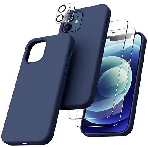 ORNARTO 5-in-1 für iPhone 12/12 Pro 6,1 Silikon Case mit 2 x Schutzfolie + 2 x Kameraschutz, Hülle Ultra Dünne Flüssig Silikon Handyhülle Schutz für iPhone 12 Pro/iPhone 12(2020) 6,1 Zoll Dunkelmarine von ORNARTO