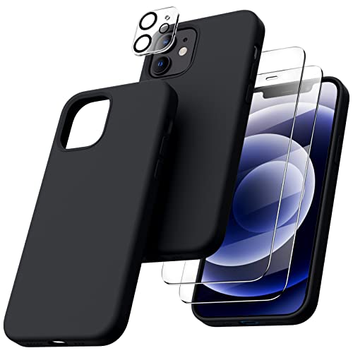 ORNARTO 5-in-1 für iPhone 12/12 Pro 6,1 Silikon Case mit 2 x Schutzfolie + 2 x Kameraschutz, Hülle Ultra Dünne Flüssig Silikon Handyhülle Schutz für iPhone 12 Pro/iPhone 12(2020) 6,1 Zoll Schwarz von ORNARTO