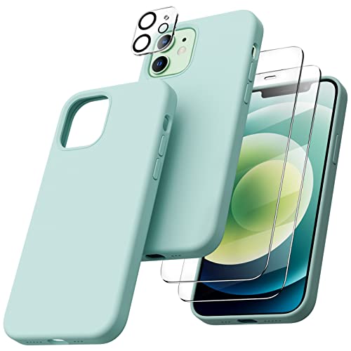 ORNARTO 5-in-1 für iPhone 12/12 Pro 6,1 Silikon Case mit 2 x Schutzfolie + 2 x Kameraschutz, Hülle Ultra Dünne Flüssig Silikon Handyhülle Schutz für iPhone 12 Pro/iPhone 12(2020) 6,1 Zoll Minzgrün von ORNARTO