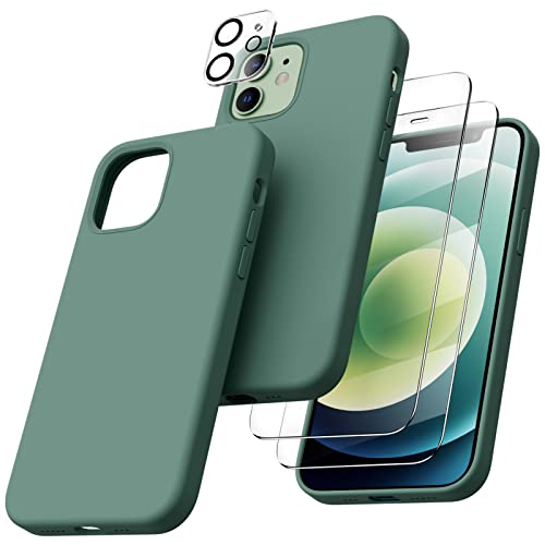 ORNARTO 5-in-1 für iPhone 12/12 Pro 6,1 Silikon Case mit 2 x Schutzfolie + 2 x Kameraschutz, Hülle Ultra Dünne Flüssig Silikon Handyhülle Schutz für iPhone 12 Pro/iPhone 12(2020) 6,1 Zoll Piniengrün von ORNARTO
