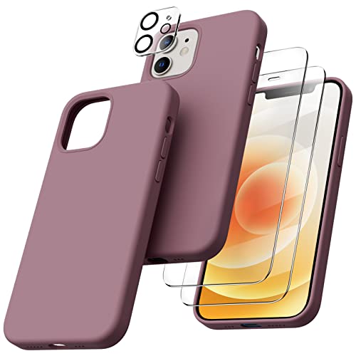 ORNARTO 5-in-1 für iPhone 12/12 Pro 6,1 Silikon Case mit 2 x Schutzfolie + 2 x Kameraschutz, Hülle Ultra Dünne Flüssig Silikon Handyhülle Schutz für iPhone 12 Pro/iPhone 12(2020) 6,1 Zoll Lila Flieder von ORNARTO