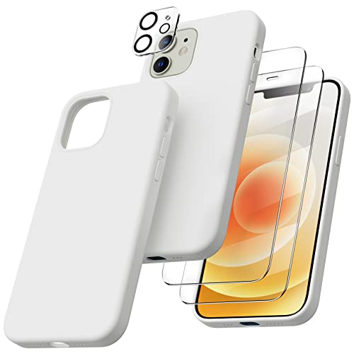 ORNARTO 5-in-1 für iPhone 12/12 Pro 6,1 Silikon Case mit 2 x Schutzfolie + 2 x Kameraschutz, Hülle Ultra Dünne Flüssig Silikon Handyhülle Schutz für iPhone 12 Pro/iPhone 12(2020) 6,1 Zoll Weiß von ORNARTO