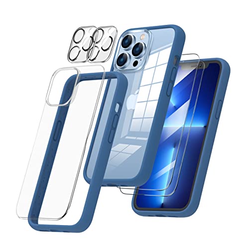 ORNARTO Ganzkörperschutz für iPhone 13 Pro Hülle, Flüssig Silikon Bumper Case mit 2 Screen Schutzfolie & 2 Kameraschutz Abnehmbare Transparente Rückseite Handyhülle Blau von ORNARTO