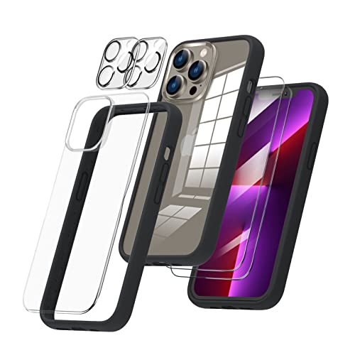 ORNARTO Ganzkörperschutz für iPhone 13 Pro Hülle, Flüssig Silikon Bumper Case mit 2 Screen Schutzfolie & 2 Kameraschutz Abnehmbare Transparente Rückseite Handyhülle Schwarz von ORNARTO