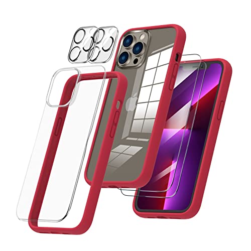 ORNARTO Ganzkörperschutz für iPhone 13 Pro Max Hülle, Flüssig Silikon Bumper Case mit 2 Screen Schutzfolie & 2 Kameraschutz Abnehmbare Transparente Rückseite Handyhülle Rot von ORNARTO