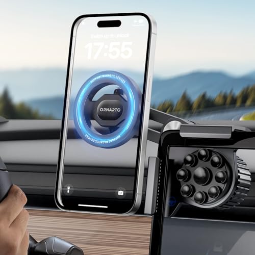 ORNARTO für Tesla Model 3/Y/Cybertruck Handyhalterung Magnetisch, [Überlastschutz + Anti-Rutsch-Saugnapf, Keine Bildschirmverfärbung oder Rückstände] 360° drehbare Autozubehör für Tesla- Schwarz von ORNARTO
