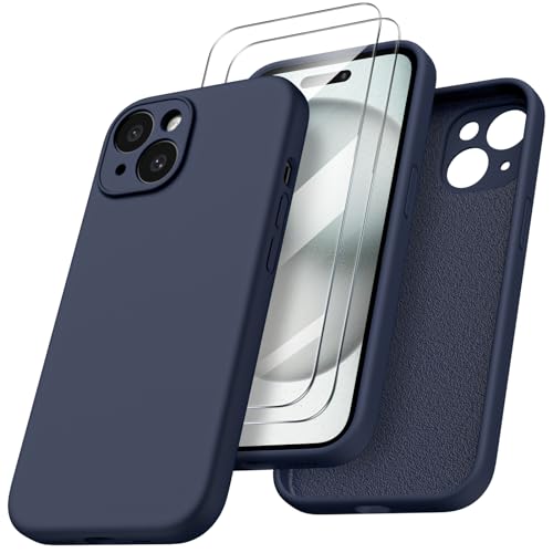 ORNARTO für iPhone 15 Hülle mit Kameraschutz und 2 Schutzfolien, flüssigem Silikon Handyhülle iPhone 15 6.1 Zoll mit Kamera Schutz, stoßfeste iPhone 15 Schutzhülle mit Mikrofaser - Mitternachtsblau von ORNARTO
