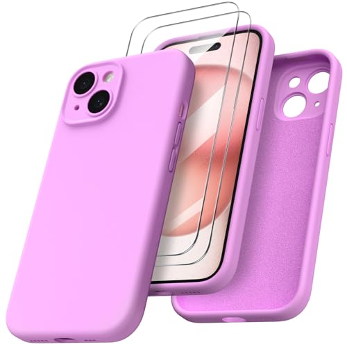 ORNARTO für iPhone 15 Hülle mit Kameraschutz und 2 Schutzfolien, flüssigem Silikon Handyhülle iPhone 15 6.1 Zoll mit Kamera Schutz, stoßfeste iPhone 15 Schutzhülle mit Mikrofaser-Kirschblüten Rosa von ORNARTO