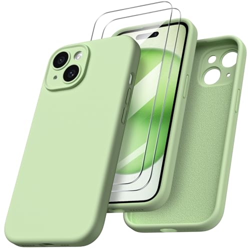 ORNARTO für iPhone 15 Hülle mit Kameraschutz und 2 Schutzfolien, flüssigem Silikon Handyhülle iPhone 15 6.1 Zoll mit Kamera Schutz, stoßfeste iPhone 15 Schutzhülle mit Mikrofaser - Leicht Grün von ORNARTO