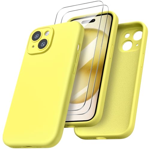 ORNARTO für iPhone 15 Hülle mit Kameraschutz und 2 Schutzfolien, flüssigem Silikon Handyhülle iPhone 15 6.1 Zoll mit Kamera Schutz, stoßfeste iPhone 15 Schutzhülle mit Mikrofaser - Zitrone Gelb von ORNARTO