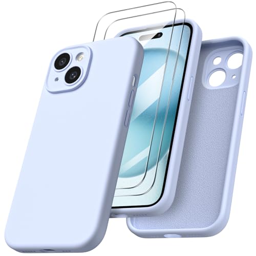 ORNARTO für iPhone 15 Hülle mit Kameraschutz und 2 Schutzfolien, flüssigem Silikon Handyhülle iPhone 15 6.1 Zoll mit Kameraschutz, stoßfeste iPhone 15 Hülle mit Mikrofaser - Baby blau von ORNARTO