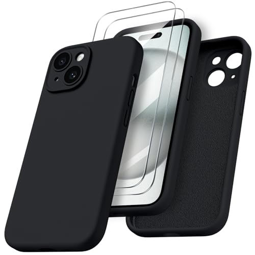 ORNARTO für iPhone 15 Hülle mit Kameraschutz und 2 Schutzfolien, flüssiges Silikon Handyhülle iPhone 15 6.1 Zoll mit Kamera Schutz, stoßfeste iPhone 15 Schutzhülle mit Mikrofaser - Schwarz von ORNARTO