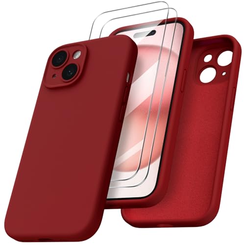 ORNARTO für iPhone 15 Hülle mit Kameraschutz und 2 Schutzfolien, flüssiges Silikon Handyhülle iPhone 15 6.1 Zoll mit Kamera Schutz, stoßfeste iPhone 15 Schutzhülle mit Mikrofaser - dunkel rot von ORNARTO