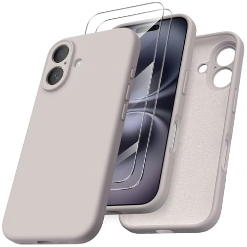 ORNARTO für iPhone 16 Hülle mit Kameraschutz u. 2 Schutzfolien, flüssiges Silikon Handyhülle iPhone 16 6.1 Zoll, stoßfeste iPhone 16 Schutzhülle mit Mikrofaser - Titan Natur von ORNARTO