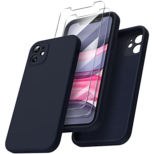 ORNARTO kompatibel mit iPhone 11 Hülle, mit 2 x Schutzfolie flüssigem Silikon Gel Rubber Case [Eckige Kante] [Rundumschutz] stoßfeste Handyhülle für iPhone 11 Marineblau von ORNARTO