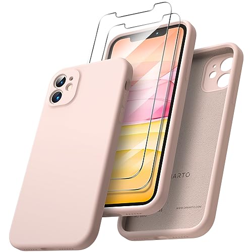 ORNARTO kompatibel mit iPhone 11 Hülle, mit 2 x Schutzfolie flüssigem Silikon Gel Rubber Case [Eckige Kante] [Rundumschutz] stoßfeste Handyhülle für iPhone 11 Rosenpulver von ORNARTO