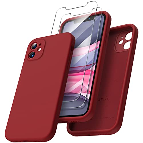 ORNARTO kompatibel mit iPhone 11 Hülle, mit 2 x Schutzfolie flüssigem Silikon Gel Rubber Case [Eckige Kante] [Rundumschutz] stoßfeste Handyhülle für iPhone 11 Rot von ORNARTO