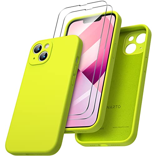 ORNARTO kompatibel mit iPhone 13 Hülle, mit 2 x Schutzfolie flüssigem Silikon Gel Ruber Case Rundumschutz stoßfeste Handyhülle für iPhone 13 Fluoreszierendes Grün von ORNARTO