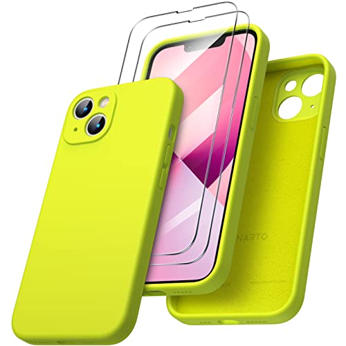 ORNARTO kompatibel mit iPhone 13 Hülle, mit 2 x Schutzfolie flüssigem Silikon Gel Ruber Case Rundumschutz stoßfeste Handyhülle für iPhone 13 Fluoreszierendes Grün von ORNARTO