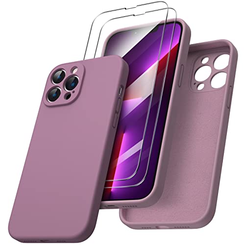 ORNARTO kompatibel mit iPhone 13 Pro Max Hülle, mit 2 x Schutzfolie flüssigem Silikon Gel Ruber Case Rundumschutz stoßfeste Handyhülle für iPhone 13 Pro Max Lila Flieder von ORNARTO