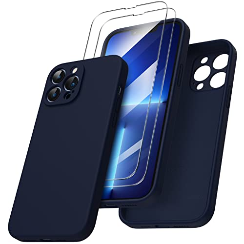 ORNARTO kompatibel mit iPhone 13 Pro Max Hülle, mit 2 x Schutzfolie flüssigem Silikon Gel Ruber Case Rundumschutz stoßfeste Handyhülle für iPhone 13 Pro Max Marineblau von ORNARTO