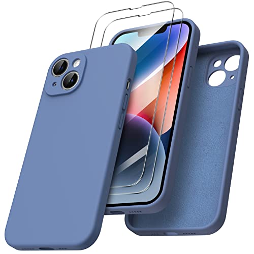 ORNARTO kompatibel mit iPhone 14 Hülle 6,1 Zoll 2022, mit 2 x Screen Schutzfolie flüssigem Silikon Gel Ruber Case Rundumschutz Stoßfeste Handyhülle Französisch Blau von ORNARTO