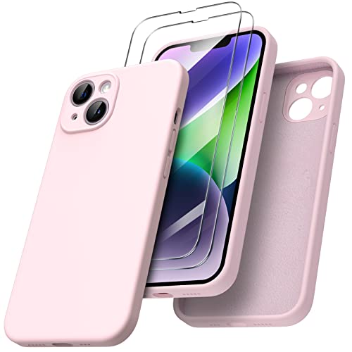 ORNARTO kompatibel mit iPhone 14 Hülle 6,1 Zoll 2022, mit 2 x Screen Schutzfolie flüssigem Silikon Gel Ruber Case Rundumschutz Stoßfeste Handyhülle Rosa von ORNARTO