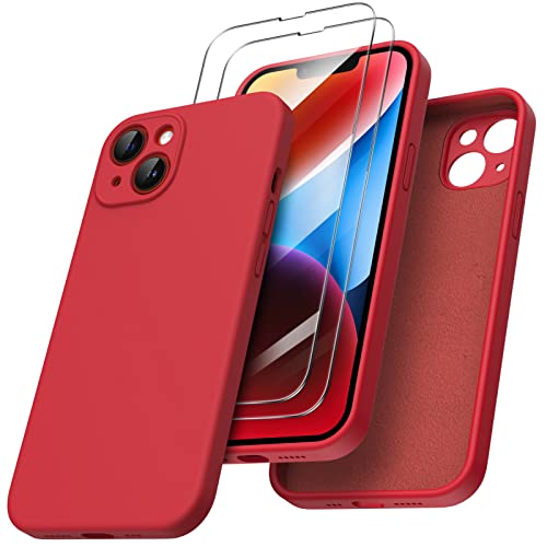 ORNARTO kompatibel mit iPhone 14 Hülle 6,1 Zoll 2022, mit 2 x Screen Schutzfolie flüssigem Silikon Gel Ruber Case Rundumschutz Stoßfeste Handyhülle Rot von ORNARTO