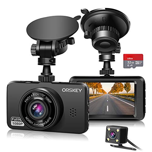 ORSKEY Dashcam Auto Vorne und Hinten inkl. 32GB SD-Karte 1080P Full HD Autokamera Doppelobjektiv Dashcam für Autos 170 Weitwinkel mit Loop-Aufnahme und G-Sensor, front-inner,LCD von ORSKEY