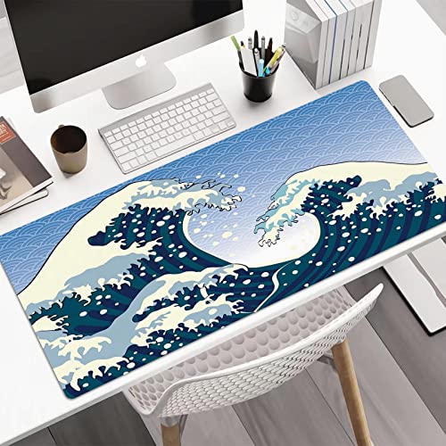 Verlängert Gaming Mouse Pad, Großes XL Mauspad (80x40 cm),Japanische Welle, fernöstliche Malerei Ozeansturm Thema Tsunami Wind Wasser K,Geringe Reibung Verfolgung Oberfläche und Rutschfester Rückseite von ORTHODRYL