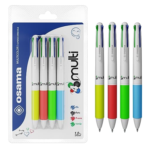 Osama 4 Multi – Set Druckkugelschreiber4-Farben, 4 Stück - 4-Farben-Kugelschreiber, 0,1 mm, mit schwarzer, blauer, roter und grüner Tinte, ideal für Schreib- und Schulbedarf, Universität und Büro von OSAMA