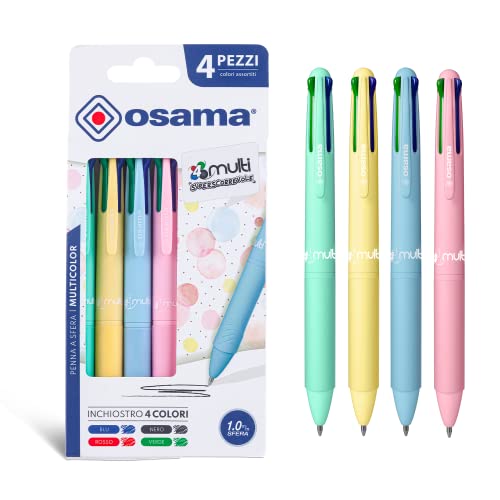 Osama 4 Multi – Set Druckkugelschreiber4-Farben, 4 Stück - 4-Farben-Kugelschreiber 0,1 mm mit schwarzer blauer roter und grüner Tinte Ideal Schreib- und Schulbedarf, Universität und Büro, Pastellfarbe von OSAMA