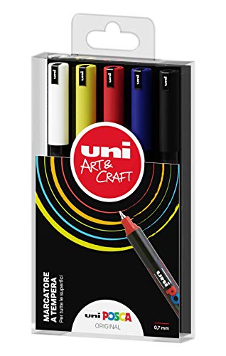 Posca - Uniposca Komplett-Set mit 5 Filzstiften, extra feine Spitze, 0,7 mm, Acrylfarben, ideal als Farben für Kinder und Künstler, Schreibwaren, Stofffarben und andere Oberflächen - von OSAMA