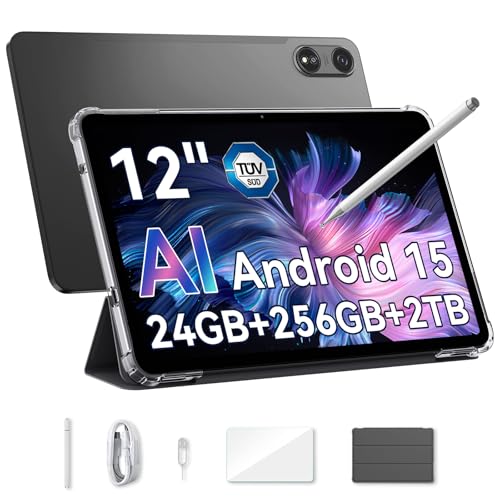 OSCAL 2025 Android 15 Pad 100, Tablet 12 Zoll mit SIM-Karte, AI-Kamera, 24 GB RAM + 256 GB ROM (2 TB TF), 9000 mAh Tablet, Touchscreen, Octa-Core, 5G WiFi/8 + 16 MP/GPS/Widevine L1/mit Stift und von OSCAL