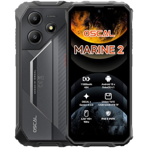 OSCAL Marine 2 Outdoor Handy Ohne Vertrag 2025, 11000mAh 12GB+64GB/2TB, Android 15 Outdoor Smartphone, 6.56" HD+ 90Hz, 16MP+8MP AI Kamera Baustellenhandy, IP69K Wasserdicht, Dual SIM 4G/NFC/OTG/GPS OSCAL Marine 2 Outdoor Handy Ohne Vertrag 2025, 11000mAh 12GB+64GB/2TB, Android 15 Outdoor Smartphone, 6.56" HD+ 90Hz, 16MP+8MP AI Kamera Baustellenhandy, IP69K Wasserdicht, Dual SIM 4G/NFC/OTG/GPS von OSCAL