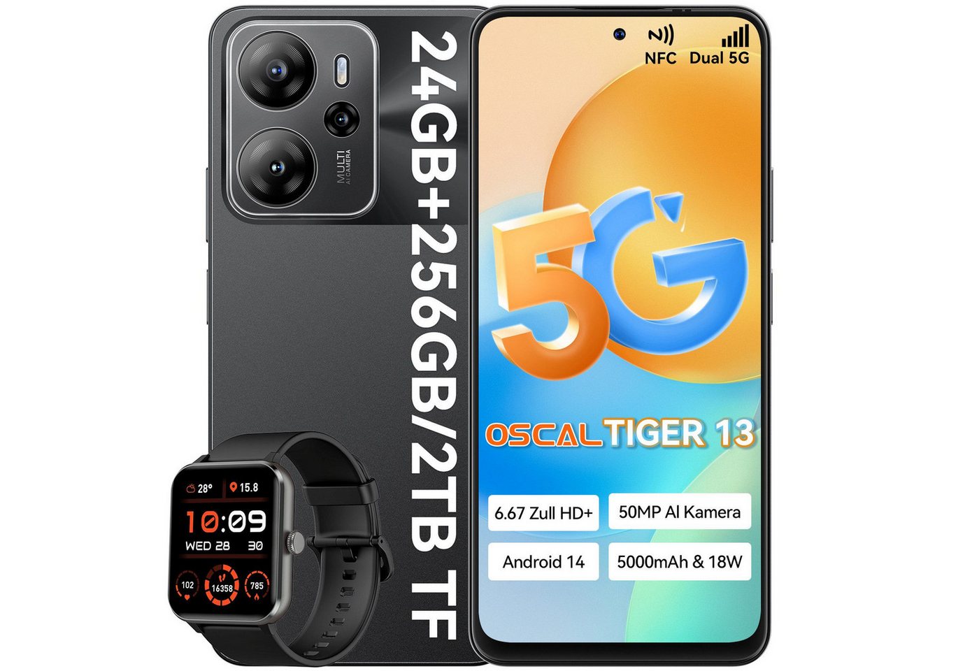 OSCAL Tiger 13 incl. 18W USB-Ladegerät Smartphone (50 MP Kamera, 5G Dual-SIM, 50 MP AI-Kamera, 180 Hz Touch-Abtastrate) von OSCAL