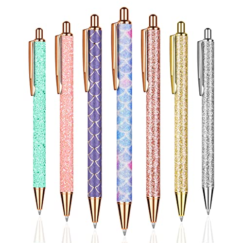 OSDUE Bling Metallstifte, 7 Stücke Glitzer Metall Kugelschreiber, Einziehbare Kugelschreiber, Rose Gold Rosa Kugelschreiber für Schule Büro Bedarf, 1,0 mm, Schwarze Tinte von OSDUE