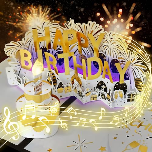 Geburtstagskarte, musikalische Geburtstagskarten mit blasbarem LED-Licht, Kerze Happy Birthday, großer Geburtstagskuchen, Pop-Up-Grußkarten, Geburtstagsgeschenkkarte für Frauen, Männer, Kinder, von OSOMEPOP