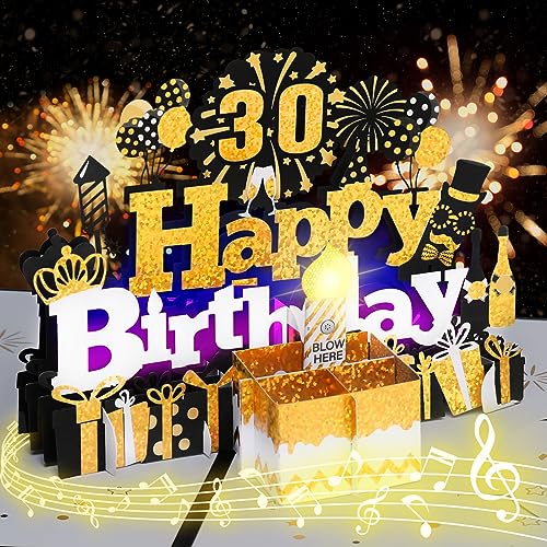 Geburtstagskarte, 30. Geburtstagskarten mit Musik und Lichtern, ausblasbare 3D-Pop-Up-Karte, Geburtstagsmusik abspielen, LED-Kerzen ausblasen und alles Gute zum Geburtstag sagen – Schwarzgold von OSOMEPOP