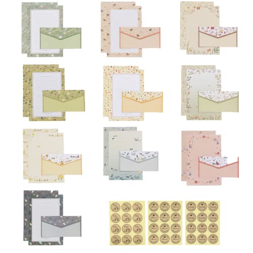 OT-NVWOZR 93 Stück Briefpapier und Umschläge Set, 30 Umschläge + 60 Stück Schreibpapier + 36 Aufkleber, A5 Vintage Blumen Briefpapier Schreibpapier Motivpapier Briefbogen Set für Einladungskarten von OT-NVWOZR