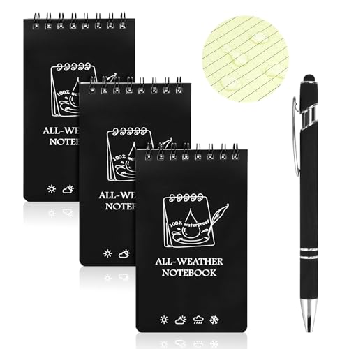 OT-NVWOZR Wasserdichte Notizblock mit Stifte, 3 x 5 Zoll Taktisches Notizbuch Allwetter-Notizblöcke mit Top-Spiral, Tasche Pocket Steno Blöcken mit Raster für Aktivitäten im Freien (3, schwarz) von OT-NVWOZR